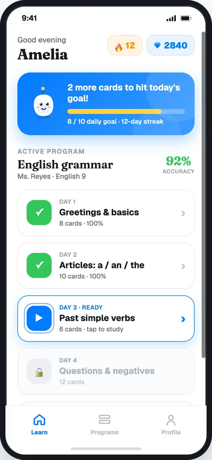 DeckHive student home screen showing streak, daily goal and program days